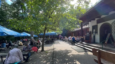 Ein lebhaftes Freiluftrestaurant mit vielen Gästen unter Bäumen. Die Sonne scheint, und die Tische sind mit blauen Sonnenschirmen gedeckt.