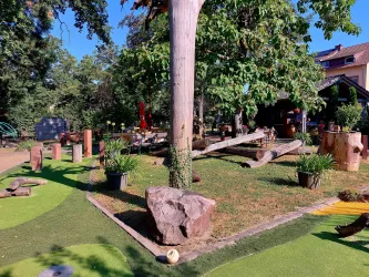 Ein ansprechender Garten mit Blick auf ein grünes Spielfeld und großen Baumstämmen. Im Hintergrund sind Pflanzen und ein Gebäude sichtbar.