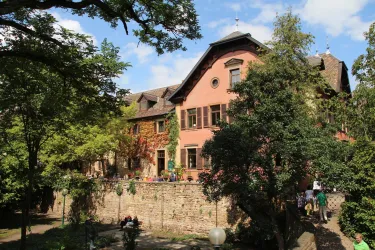 Ein historisches Haus umgeben von Bäumen und Grünflächen. Menschen genießen die entspannte Atmosphäre im Freien.