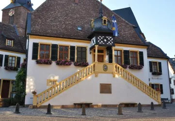 Ein historisches Gebäude mit einer schönen Treppe und blühenden Balkonkästen. Die Fassade ist hell gestrichen und es weht eine Fahne oben am Turm.