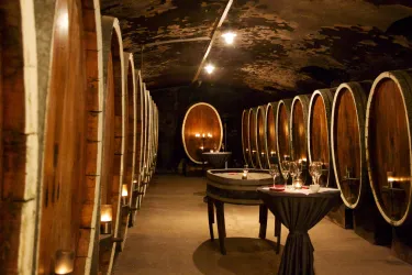 Ein stilvoller Weinkeller mit großen Holzfässern und sanfter Beleuchtung. Tische mit Gläsern ergänzen die einladende Atmosphäre.