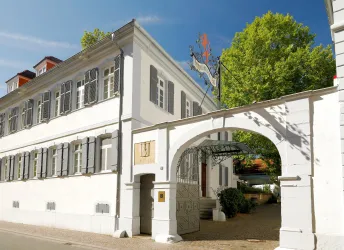 Ein historisches Gebäude mit einer weißen Fassade und grauen Fensterläden. Der Eingang wird von einem prächtigen Torbogen und Bäumen umgeben.