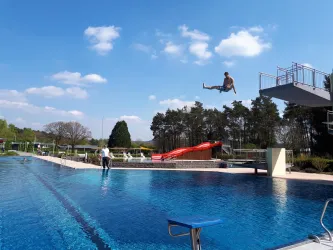 Ein Schwimmer springt von einem hohen Brett in ein blaues Schwimmbecken. Im Hintergrund sind eine Rutsche und Bäume zu sehen.