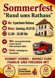 Ein Plakat für das Sommerfest "Rund ums Rathaus" in Erpolzheim. Das Fest findet am Samstag, den 04.07.26, von 11 bis 19 Uhr statt und bietet verschiedene Aktivitäten und Speisen.