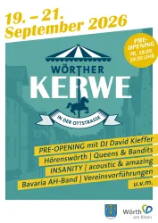 Ein Werbeplakat für die Wörther Kerwe vom 19. bis 21. September 2026. Es zeigt Informationen zu Veranstaltungen wie DJ David Kieffer und Live-Bands in der Ottstraße.