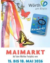Plakat für den Maimarkt in Wörth mit abgebildeten Schmetterlingen.