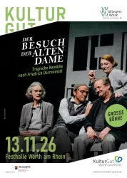 Ein Theaterplakat für das Stück "Der Besuch der alten Dame" von Friedrich Dürrenmatt. Das Datum der Aufführung ist der 13. November 2026 in der Festhalle Wörth am Rhein.