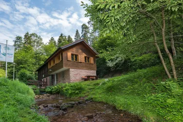 Ein charmante Pfälzerwaldverein Hütte inmitten von grünen Wäldern. Ein kleiner Bach fließt neben dem Gebäude und die Sonne scheint durch die Bäume. Zu sehen ist die Wolfsschluchthütte des PWV Esthal.