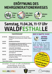 Ein Ankündigungsplakat für die Eröffnung des Mehrgenerationenweges mit Informationen zu Datum, Uhrzeit und Programm. Es wird ein Kinderprogramm und musikalische Unterhaltung angeboten.