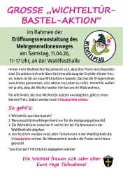 Eine Einladung zur "Wichteltür-Bastel-Aktion" im Rahmen der Eröffnungsveranstaltung des Mehrgenerationenweges. Die Veranstaltung findet am 11. April 2026 von 11 bis 17 Uhr an der Waldfesthalle statt.