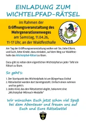 Eine Einladung zum Wichtelpfad-Rätsel. Die Veranstaltung findet am 11. April 2026 in der Waldfesthalle statt.