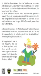 Ein Waldwichtel steht im Vordergrund und trägt eine grüne Jacke mit einer Kappe. Der Text informiert über die Fähigkeiten und Vorlieben der Wichtel in Bezug auf Pflanzen und Kräuter. Hier werden die Kinder dazu animiert ihren Geruchssinn zu testen.