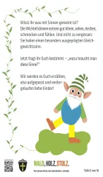 Eine informative Grafik über die Wichtel und ihre Sinne. Sie zeigt einen Wichtel, der erklärt, wie wichtig Hören, Sehen, Schmecken und Fühlen sind.