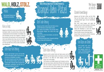 Eine Informationstafel über Übungen auf einem Mehrgenerationenweg. Sie zeigt verschiedene Dehn- und Bewegungsübungen, die auf Sitzbänken durchgeführt werden können.
