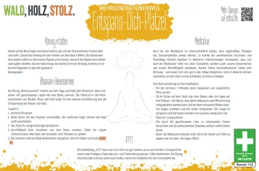 Eine informative Grafik über Entspannungsübungen, die Atemtechniken und Meditation beschreibt. Sie enthält Anleitungen zur kurzen Meditationspraxis und Tipps zur Stressbewältigung.
