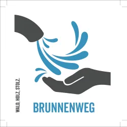 Ein stilisiertes Symbol zeigt eine Hand, aus der Wasser spritzt. Der Schriftzug „BRUNNENWEG“ steht darunter.