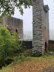 Die Oberburg der Burg Spangenberg zeigt sich mit verwitterten Steinmauern, umrahmt von Bäumen und gesprenkeltem Laub im Vordergrund.