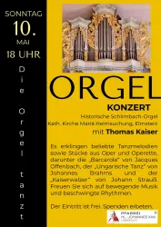 Ein Konzertplakat für ein Orgelkonzert mit Thomas Kaiser. Es wird auf der historischen Schlimbach-Orgel in der katholischen Kirche Maria Heimsuchung in Elmstein gespielt.
