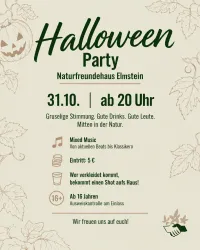 Eine Halloween-Party im Naturfreundehaus Elmstein findet am 31.10. ab 20 Uhr statt. Es gibt gruselige Stimmung, gute Drinks und Mixed Music.