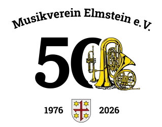 Ein Logo des Musikvereins Elmstein e.V. mit der Zahl "50" und verschiedenen Musikinstrumenten. Das Design feiert das 50-jährige Bestehen von 1976 bis 2026.