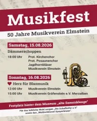 Ein Plakat für das Musikfest zum 50-jährigen Jubiläum des Musikvereins Elmstein. Es zeigt die Veranstaltungstermine und verschiedene musikalische Aktivitäten.