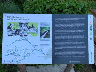 Ein Informationsschild über den Holztransport auf Bächen und Kanälen. Es enthält eine Karte und erläuternde Texte zu diesem Thema.