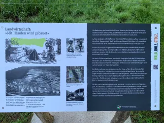 Ein Informationsschild über Landwirtschaft mit dem Titel „Mit Händen wird gebaut“. Es enthält Illustrationen und Texte zu landwirtschaftlichen Praktiken und historischer Entwicklung.