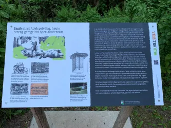 Ein Informationsschild über die Jagd, das historische und moderne Aspekte darstellt. Es enthält Illustrationen und Texte, die die Entwicklung der Jagd im Laufe der Zeit erläutern.