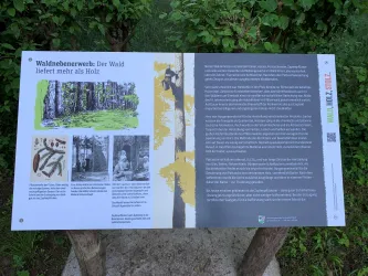 Eine Informationstafel über den Wald und seine wichtigen Produkte. Der Text diskutiert die Bedeutung des Waldes, einschließlich seiner Ressourcen und Nutzung.