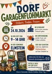Ein Plakat für einen Dorfgaragenflohmarkt in Elmstein. Es enthält Details zum Datum, zur Uhrzeit und zu weiteren Aktivitäten.