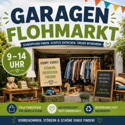 Ein Garagenflohmarkt mit verschiedenen Ständen und Kleidung auf einer Stange. Es gibt Angebote für Groß und Klein, sowie eine einladende Atmosphäre zum Stöbern.