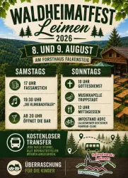 Ein Werbeplakat für das Waldheimatfest in Leimen, das am 8. und 9. August 2026 stattfindet. Es zeigt Veranstaltungen und Zeiten, sowie Informationen zu kostenlosem Transfer und Kinderunterhaltung.