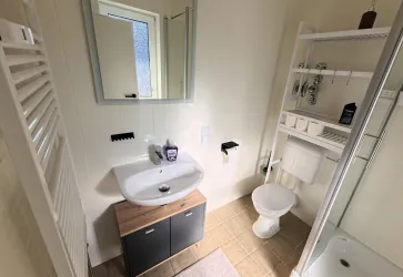 Ein modernes Badezimmer mit einem Waschbecken, WC und Dusche. Es hat helle Wände und eine praktische Ablage für Toilettenartikel.