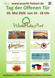 Eine Werbeanzeige für den Tag der Offenen Tür bei Würth HolzArt am 3. Mai 2026. Es sind verschiedene Aktivitäten, Getränke und Sponsoren aufgeführt.