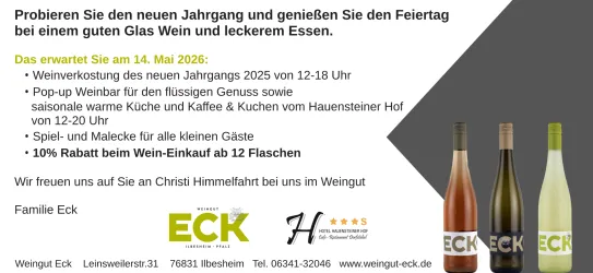 Ein Einladung zur Weinverkostung mit Informationen über den neuen Jahrgang. Es werden Weine und leckeres Essen angeboten, sowie ein Rabatt auf den Weinkauf.