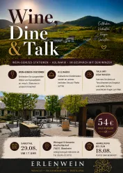 Ein Eventplakat für "Wine, Dine & Talk" im Weingut Erlenwein. Die Veranstaltung bietet Wein-Genuss-Stationen und kulinarische Erlebnisse in schöner Landschaft.