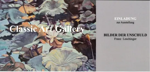 Eine Einladung zur Ausstellung "Bilder der Unschuld" von Franz Leschinger. Im Hintergrund sind Seerosen und Wasserpflanzen zu sehen.