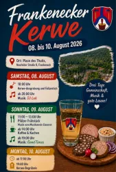 Ein Veranstaltungsplakat für die Frankeneker Kerwe 2026. Es zeigt Details zu Terminen, Aktivitäten und Angeboten wie Musik und Speisen.