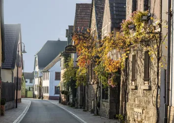 Eine malerische Straße mit historischen Häusern und buntem Laub. Die ruhige Atmosphäre lädt zu einem Spaziergang ein.