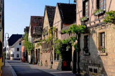 Eine malerische Straße mit alten, charmanten Fachwerkhäusern. Die Fassaden sind mit Blumen und Pflanzen geschmückt.