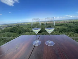 Zwei Gläser Sekt stehen auf einem Tisch mit Blick auf eine grüne Landschaft. Der Himmel ist klar und blau mit einigen Wolken.