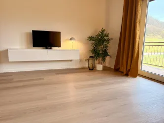 Ein modernes Wohnzimmer mit einem Fernseher an der Wand und einem Fenster mit einem Balkon. Pelzige Pflanzen und eine Stehlampe sorgen für eine gemütliche Atmosphäre.