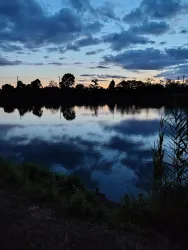 Ein ruhiger See bei Dämmerung, reflektiert die Wolken und den Himmel. Umgeben von Bäumen und Gras.