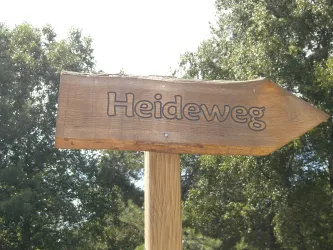 Ein Holzschild zeigt in Richtung des Heidewegs. Die Umgebung besteht aus Bäumen und grünem Laub.