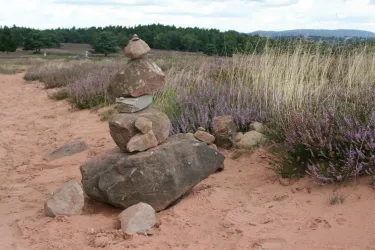 Eine Gruppe von Steinen ist sorgfältig aufeinander gestapelt und steht auf einem sandigen Boden. Im Hintergrund sind lila blühende Pflanzen und bewaldete Hügel sichtbar.