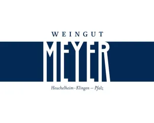 Ein Logo des Weinguts Meyer aus Heuchelheim-Klingen in der Pfalz. Das Design ist schlicht und modern in Blau und Weiß.