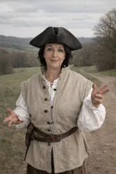 Eine Frau in historischer Kleidung steht auf einem Feldweg. Sie trägt einen kleinen Hut und lächelt, während sie mit den Händen gestikuliert.