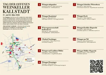 Eine Übersichtskarte für den "Tag der offenen Weinkeller" in Kallstadt am 21. und 22. März 2026. Es sind verschiedene Weingüter und deren Kontaktinformationen aufgeführt.