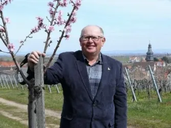 Ein Bild des Winzermeisters Robert Anthon zwischen den Weinreben.