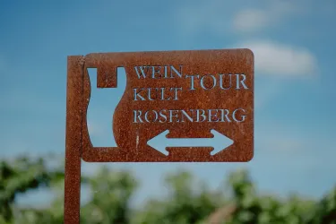 Ein Wegweiser zur WeinTour Kult Rosenberg. Er zeigt zwei Richtungen an und ist von Weinreben umgeben.